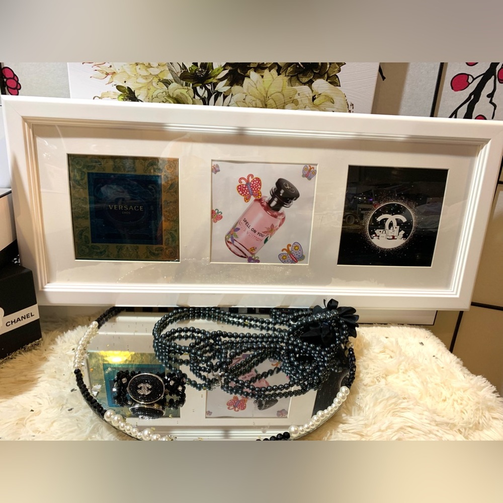 Collage of framed designers fragrances Versace/Louis Vuitton/CHANEL pictures 😍